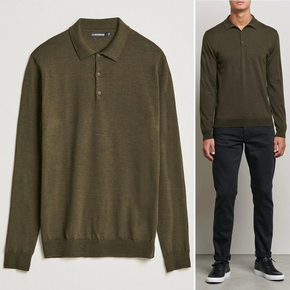 J. LINDEBERG Noel Light Merino Polo Shirt in Forest Green Collar Size Large NEW